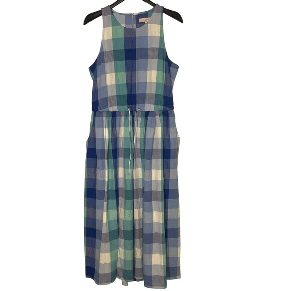 LOFT Plaid Madras Seersucker Maxi Dress Sz LG Pockets Open Back Drawstring Waist - Picture 1 of 10